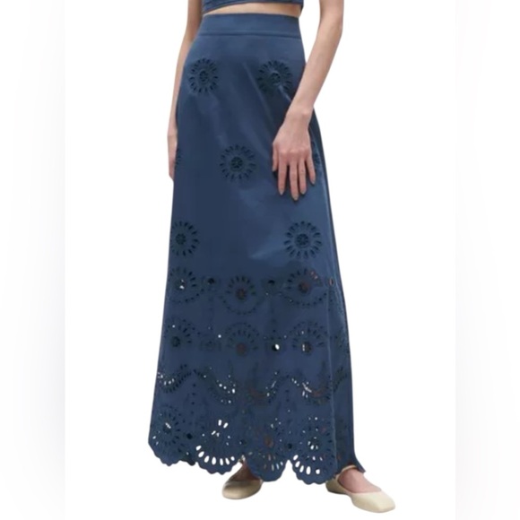 NWT FIGUE Women’s Navy Hortence Long Floral Eyelet Skirt Size 8 - Picture 2 of 9